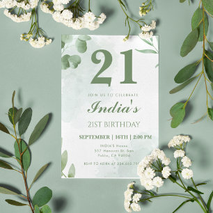 Watercolor Eucalyptus Leaf 21st Birthday Party Kaart