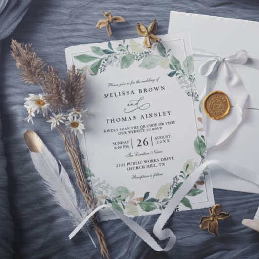 Watercolor Eucalyptus Leaves Chic QR Code Wedding Kaart