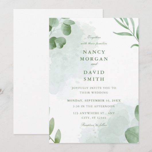 Watercolor Eucalyptus Leaves Greenery Wedding  Kaart (Voorkant / Achterkant)
