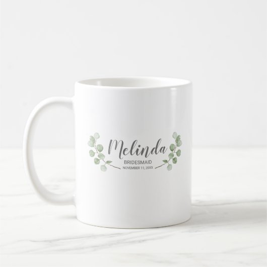 Watercolor Eucalyptus Personalized Bridesmaid Name Koffiemok (Links)