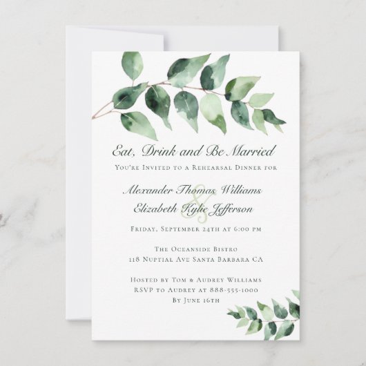 Watercolor Eucalyptus Rehearsal Dinner | White Kaart (Voorkant)