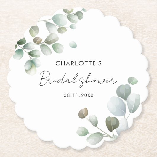 Watercolor Eucalyptus Script Bruiloftsborrel Kartonnen Onderzetters (Voorkant)