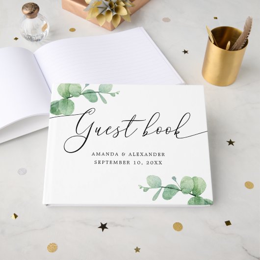 Watercolor Eucalyptus Wedding | Elegant Script Gastenboek (Voorkant open)