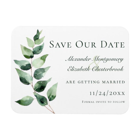 Watercolor Eucalyptus Wedding Save the Date White Magneet (Horizontaal)