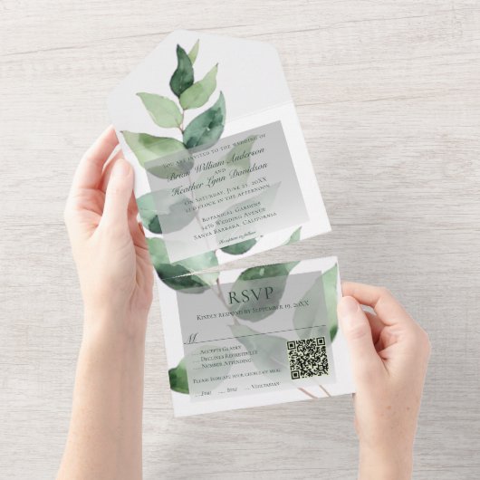 Watercolor Eucalyptus Wedding | White All In One Uitnodiging (Afscheurbaar)