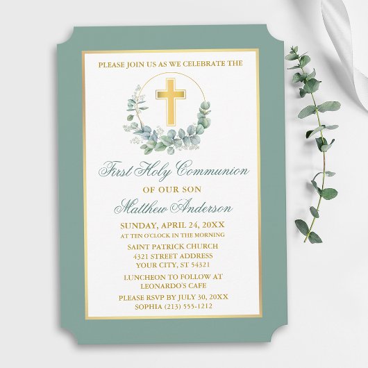 Watercolor Eucalyptus Wreath Gold Communion Kaart