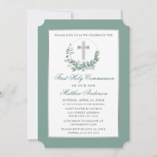 Watercolor Eucalyptus Wreath Silver Communion Kaart (Voorkant)