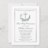 Watercolor Eucalyptus Zilver Eerste Communie Kaart (Voorkant)