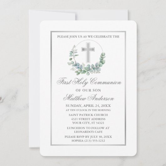 Watercolor Eucalyptus Zilver Eerste Communie Kaart (Voorkant)