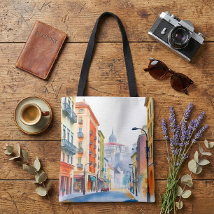 Watercolor Europese stadsstraat Tote Bag