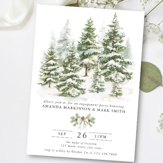 Watercolor Evergreen Winter Engagement Party Kaart
