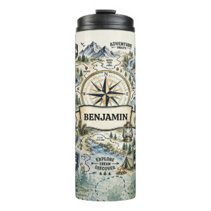 Watercolor Explorer Kaart Kompas Avontuur Design Thermosbeker