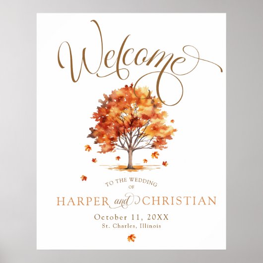 Watercolor Fall Tree Calligraphy Wedding Welcome Poster (Voorkant)
