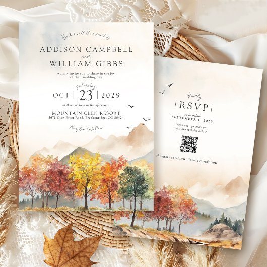 Watercolor Fall Trees Mountain Autumn Boho Wedding Kaart