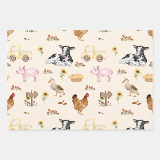 Watercolor Farm Scene Seamless Pattern Inpakpapier Vel (Voorkant)