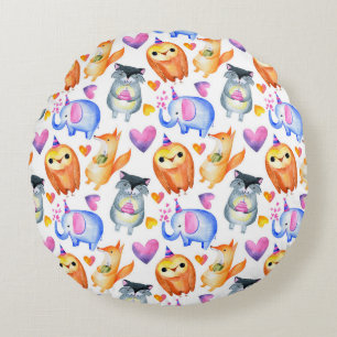 Watercolor Feest Dieren & Feesthoeden Patroon Rond Kussen