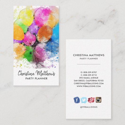 Watercolor Feestballonnen Zakelijke kaart Visitekaartje (Voorkant / Achterkant)