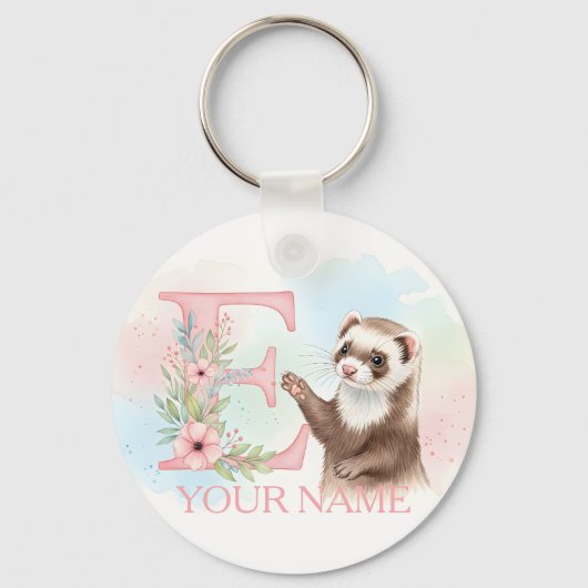 Watercolor Ferret with Floral Letter E Monogram Sleutelhanger (Voorkant)