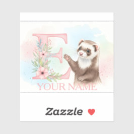 Watercolor Ferret with Floral Letter E Monogram Sticker