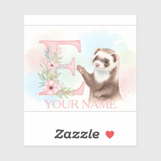 Watercolor Ferret with Floral Letter E Monogram Sticker (Vel)