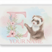 Watercolor Ferret with Floral Letter E Monogram Sticker (Voorkant)