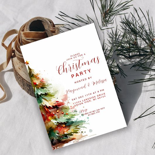 Watercolor Festieve Kerstboom Feest Uitnodiging