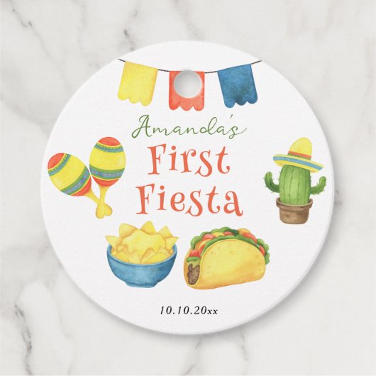 Watercolor Fiesta Eerste Verjaardag Bedankjes Labels (Voorkant)