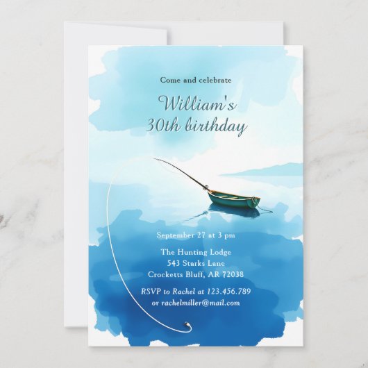 Watercolor Fishing Boat 30th Birthday Party Kaart (Voorkant)