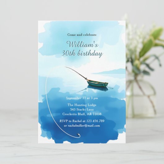 Watercolor Fishing Boat 30th Birthday Party Kaart (Staand voorkant)