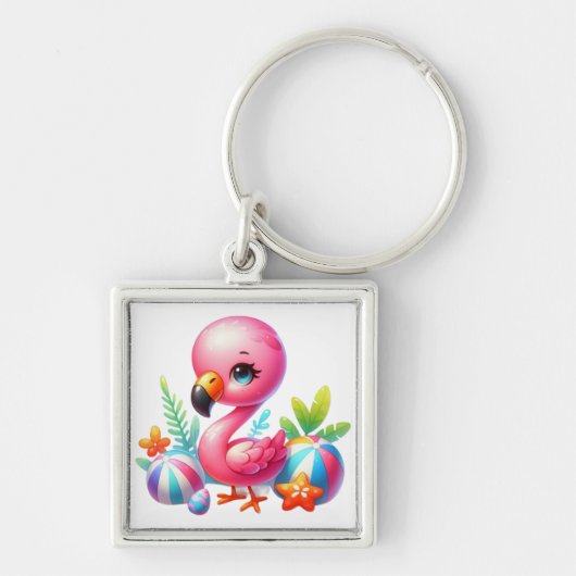 Watercolor Flamingo Cartoon ClipArt Sleutelhanger (Voorkant)