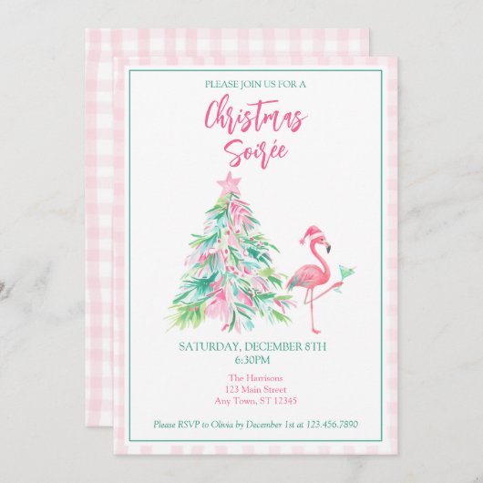 Watercolor Flamingo Christmas Soirée Invitation Kaart (Voorkant / Achterkant)