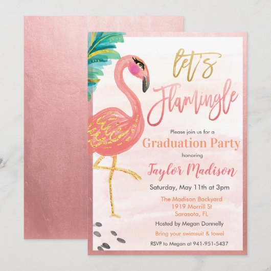 Watercolor Flamingo Uitnodiging Afstudeerfeest (Voorkant / Achterkant)