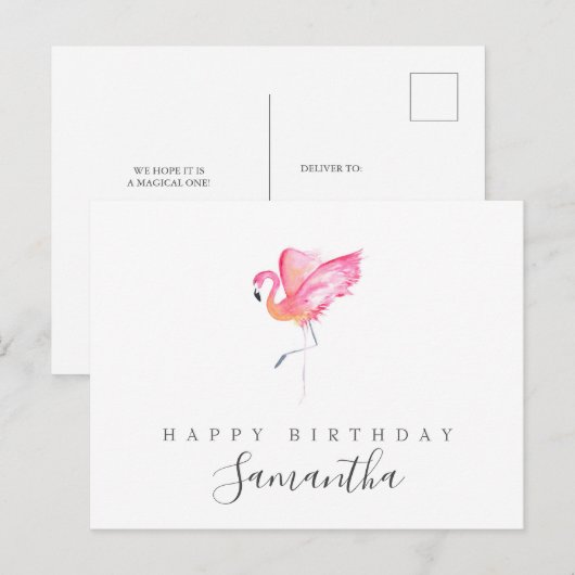 Watercolor Flamingo Verjaardagsgroet Briefkaart (Voorkant / Achterkant)