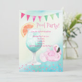 Watercolor Flamingo Zwembad Feest Uitnodiging (Staand voorkant)