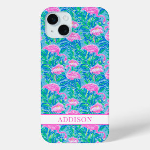 Watercolor Flamingo's met Monogram iPhone 15 Mini Hoesje