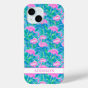 Watercolor Flamingo's met Monogram iPhone 15 Case