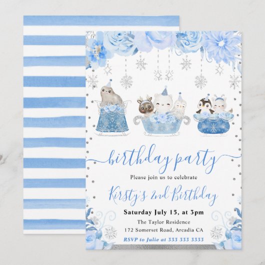 Watercolor Floral Arctic Animals Birthday Kaart (Voorkant / Achterkant)