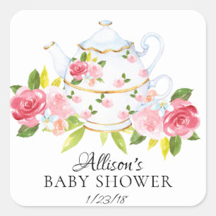 Watercolor Floral BABY Tea Party Envelope Seal Vierkante Sticker