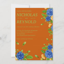 Watercolor Floral Blue & Burnt Orange Wedding Kaart
