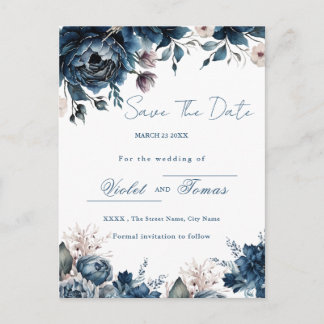 Watercolor floral bouquet navy blue Save The Date  Briefkaart