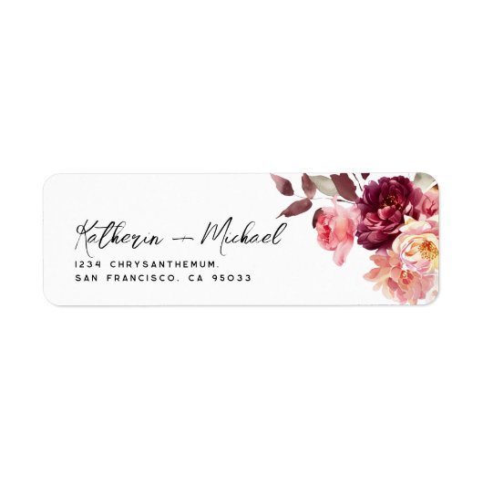 Watercolor Floral Burgundy Wedding Address Etiket (Voorkant)