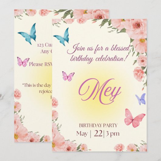 Watercolor Floral Christian Birthday Invitation  Kaart (Voorkant / Achterkant)
