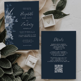 Watercolor Floral Dusty Blue Navy QR Code Wedding Kaart