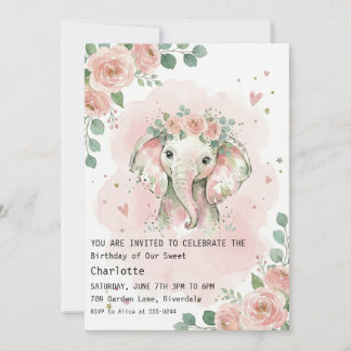 Watercolor Floral Elephant Girl Birthday Kaart