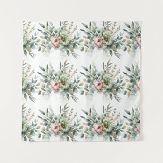 Watercolor Floral Foliage Green Pink Gold Accents  Wandkleed