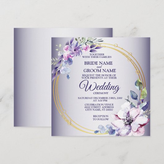 Watercolor Floral Golden Geometric Purple Wedding Kaart (Voorkant / Achterkant)