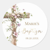 Watercolor Floral Holy Cross Baptism Ronde Sticker (Voorkant)