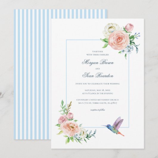 Watercolor Floral Hummingbird Seersucker Wedding Kaart (Voorkant / Achterkant)