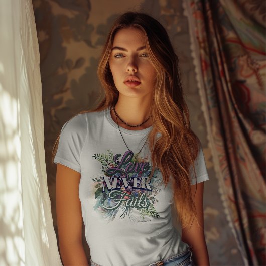 Watercolor Floral Love Never Fails Scripture T-shirt