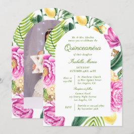 Watercolor Floral Peonies Custom Photo Quinceañera Kaart
